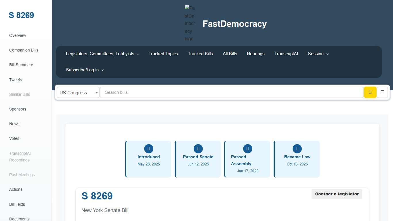 Bill tracking in New York - S 8269 (2025-2026 legislative session) - FastDemocracy